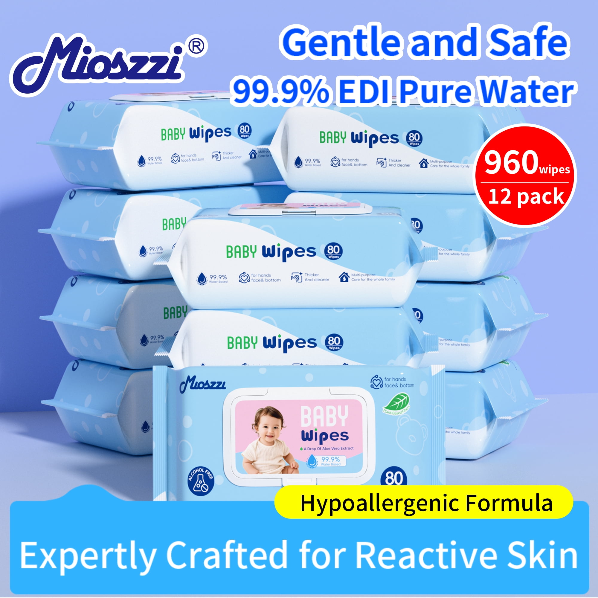 Mioszzi Baby Wipes, Unscented, Aloe, Gentle, Hypoallergenic, Hospital Grade, Plant-Based, 12 Packs, 960 Total Count