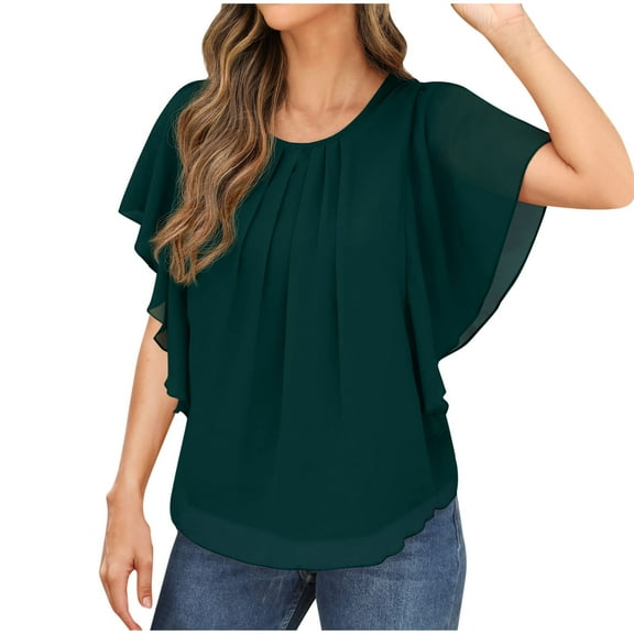 LADIGASU Ladies' able Round Neck Chest Pleated Short Sleeved Round Neck Shirt
