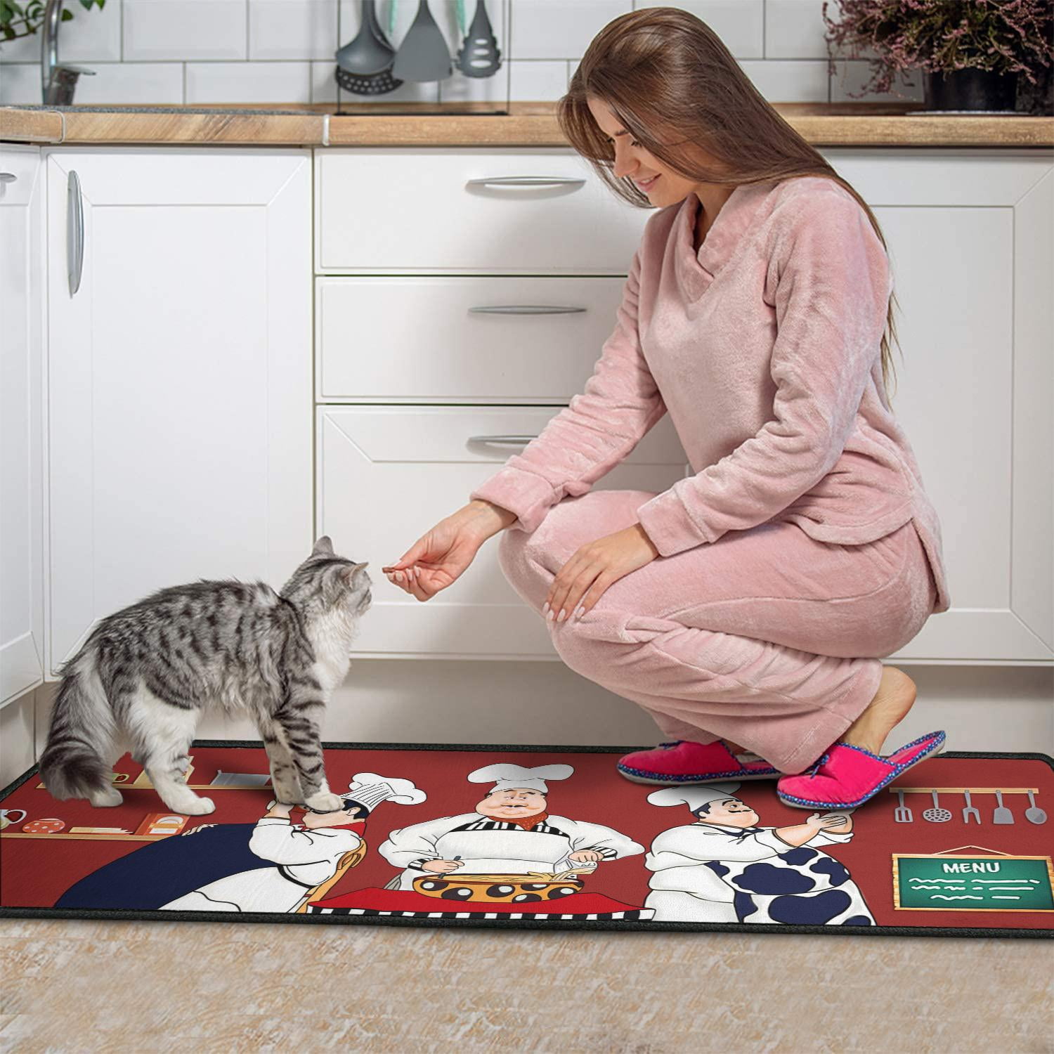 Fat Chef Kitchen Rugs and Mats Sets of 2-Red Kitchen Decor Rugs-Rubber Backing Non-Slip Floor Mat for Sink Washable Waterproof Laundry Room Runner Rugs