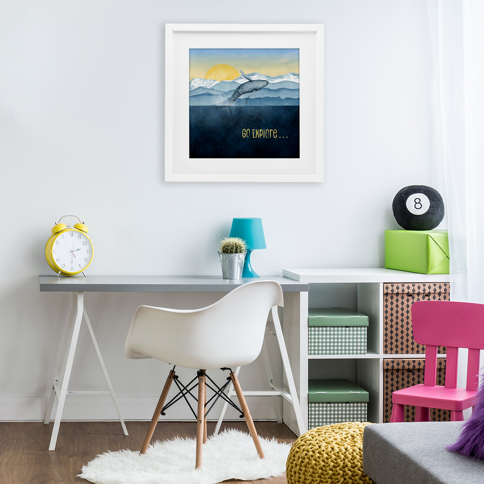 Go Explore Whale Breach White Framed Print Under Glass, design by Brett Blumenthal