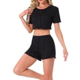 thumbnail image 4 of Conjuntos de pijama para mujer INSPIRE CHIC de manga corta, parte superior de botón de punto y pantalones cortos, 2 piezas, ropa de descanso Y2K, XL, negro, 4 of 6