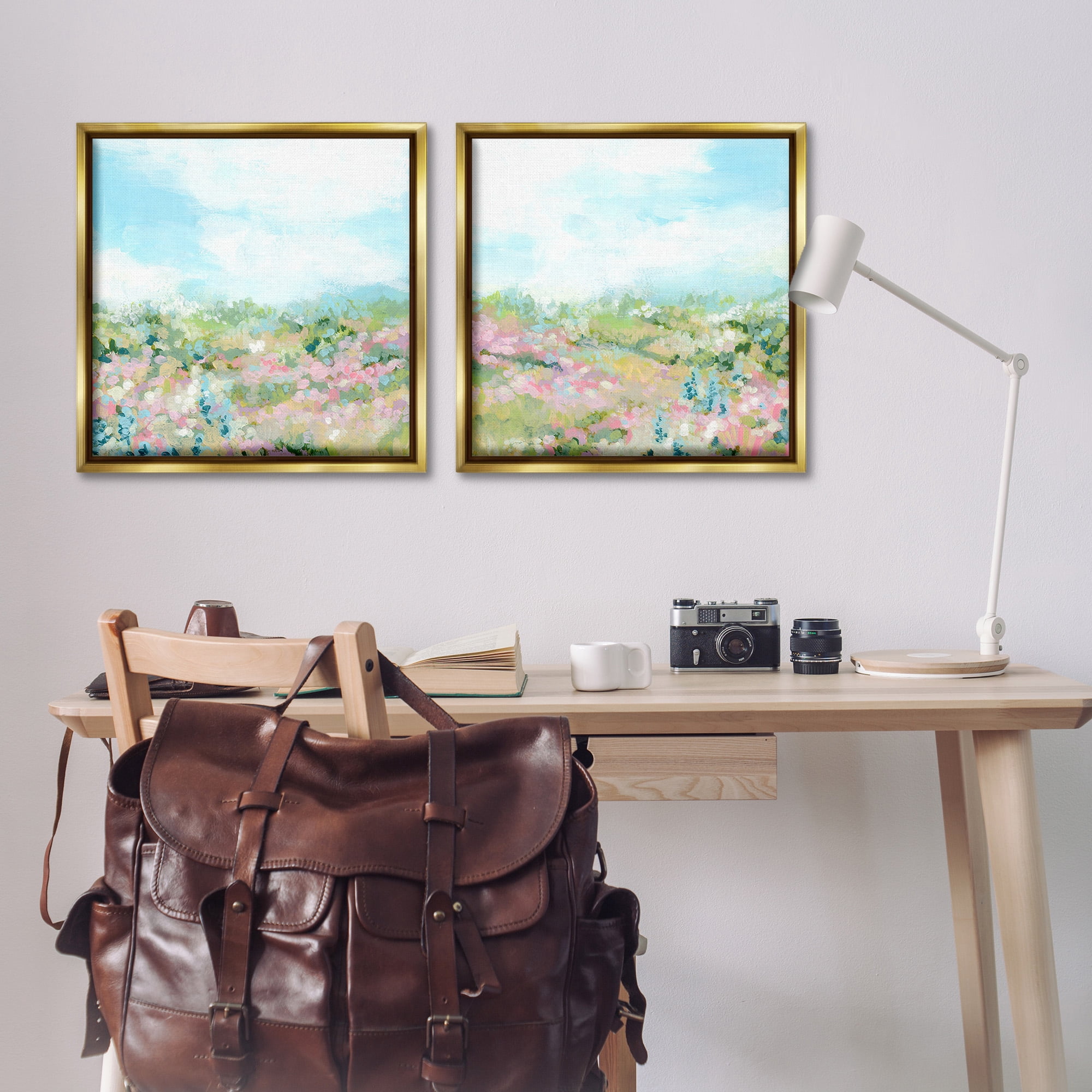 Stupell Industries Abstract Cottage Meadow Landscape Painting Gold Floater Framed Canvas Art Print Wall Art, 25 x 25, Set of 2