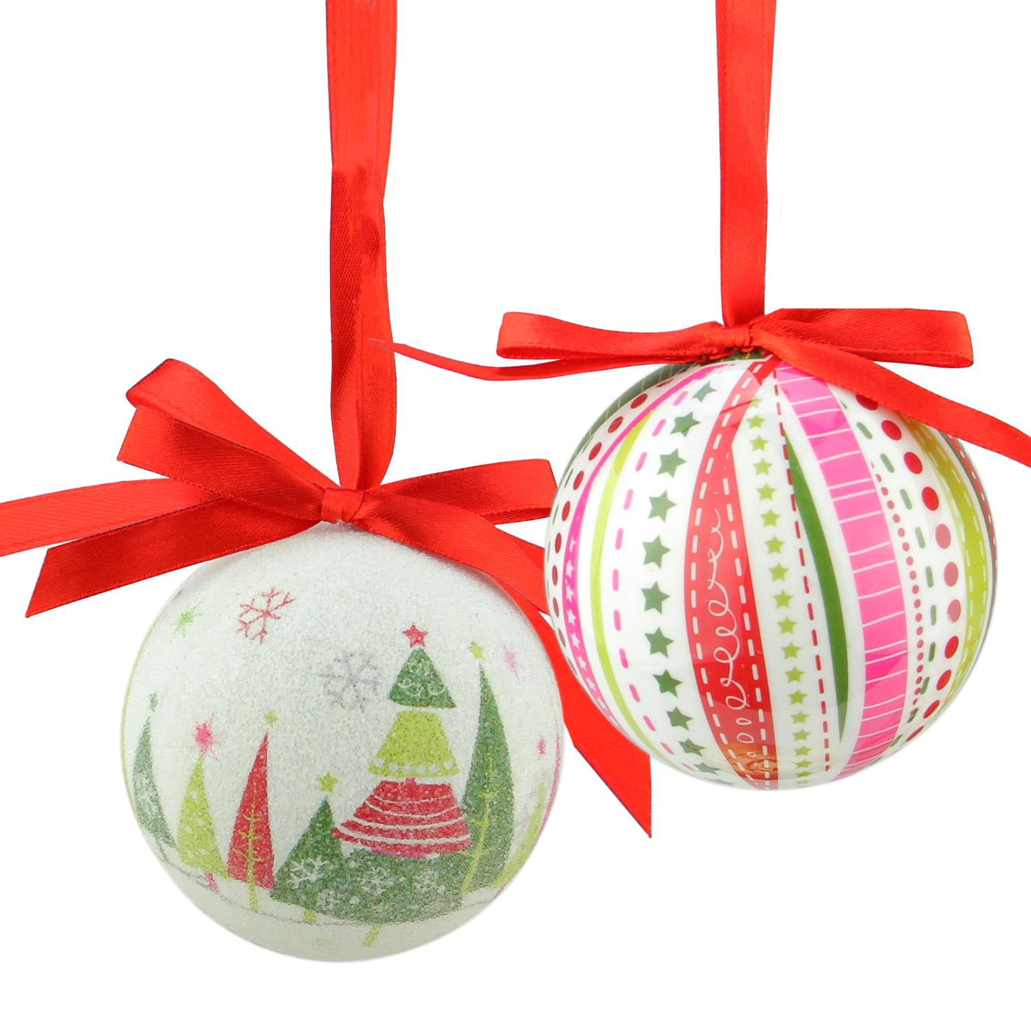 7Piece Whimsical Red, White and Green Decoupage Shatterproof Christmas Ball Ornament Set 2.75
