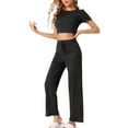 thumbnail image 4 of INSPIRE CHIC Women's Pajama Ribbed Knit 2 Piece Short Sleeve Crop Top with Pants Casual Outfits Lounge Sets XS Black, 4 of 5