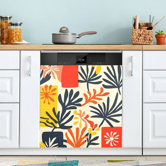 Colorful Squares and Leaves Dishwasher Magnet Cover Magnetic Fridge Door Cover Home Kitchen Decor 23"x 26"