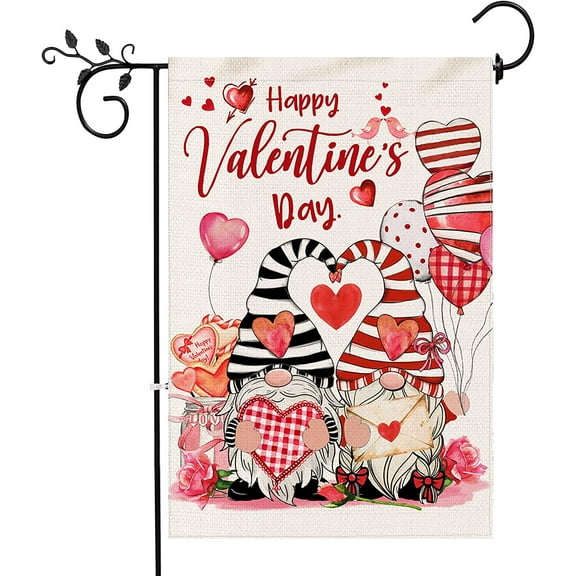 JOOCAR Valentine's Day Garden Flags, Gnome Couple Happy Valentine's Day Love Balloon Envelope 12x18 Inches Double Sided Garden Flags for Outdoor Garden Festival Yard Decoration