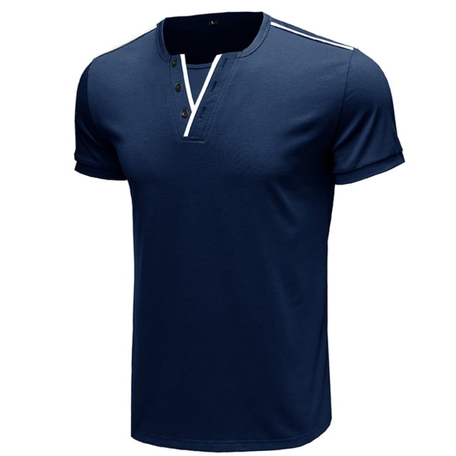 Camisas de cuello en V con botones de talla grande para hombre Camisetas de manga corta de color sólido Pompotops oipoqjl34121