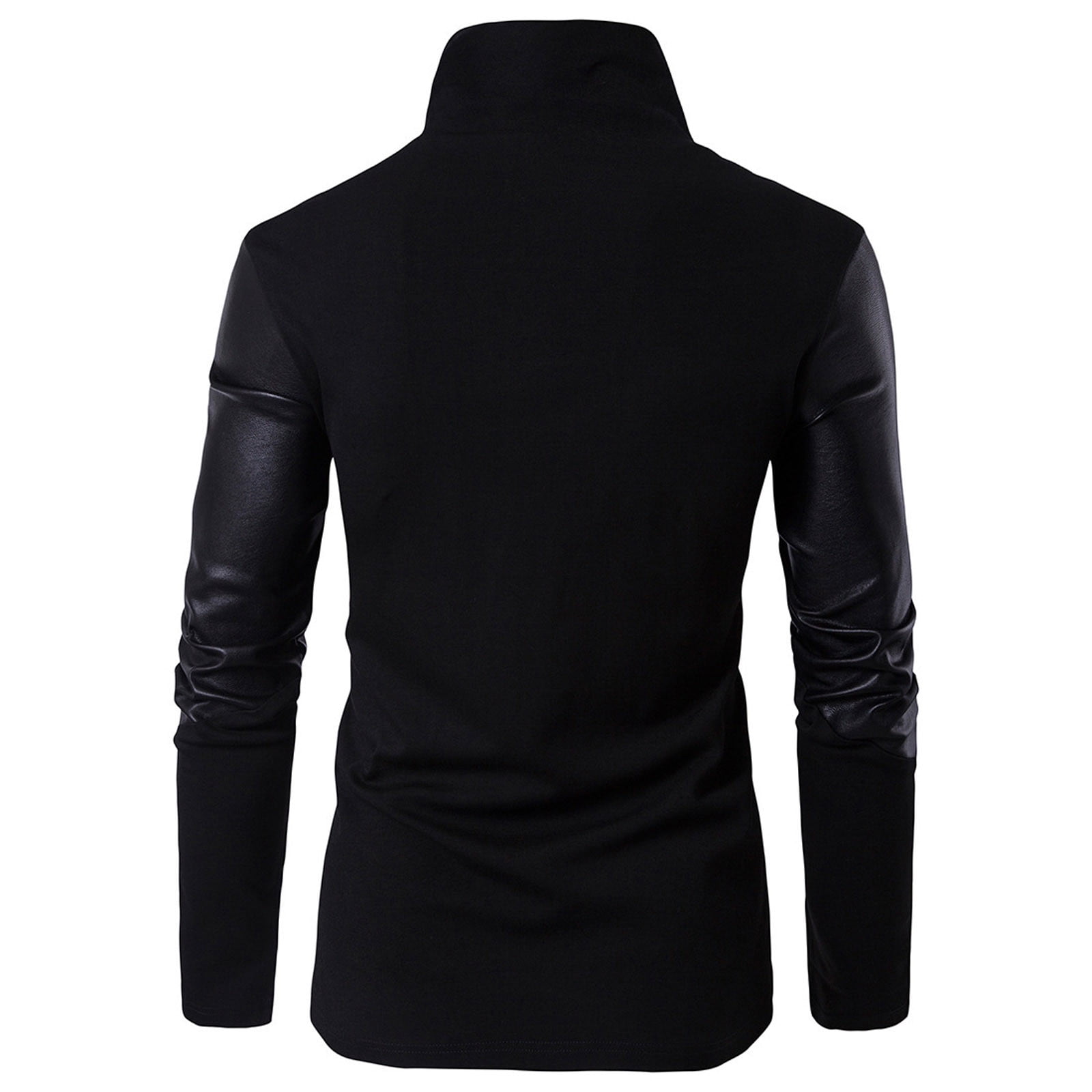 IROINNID Men's Long Sleeve Faux Leather Mid-Length Jacket Solid Color Loose Patchwork Sweater With Irregular Hem Stand Collar Slim Fitting Sweater Coat