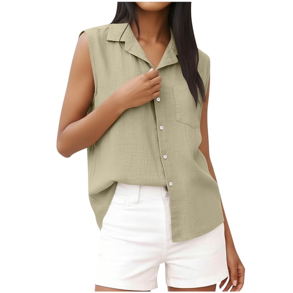 Womens Cotton Linen Dressy Blouses, Sleeveless Shirts for Women Summer Casual Solid Color Lapel Button Down Vests Tank Tops with Pockets