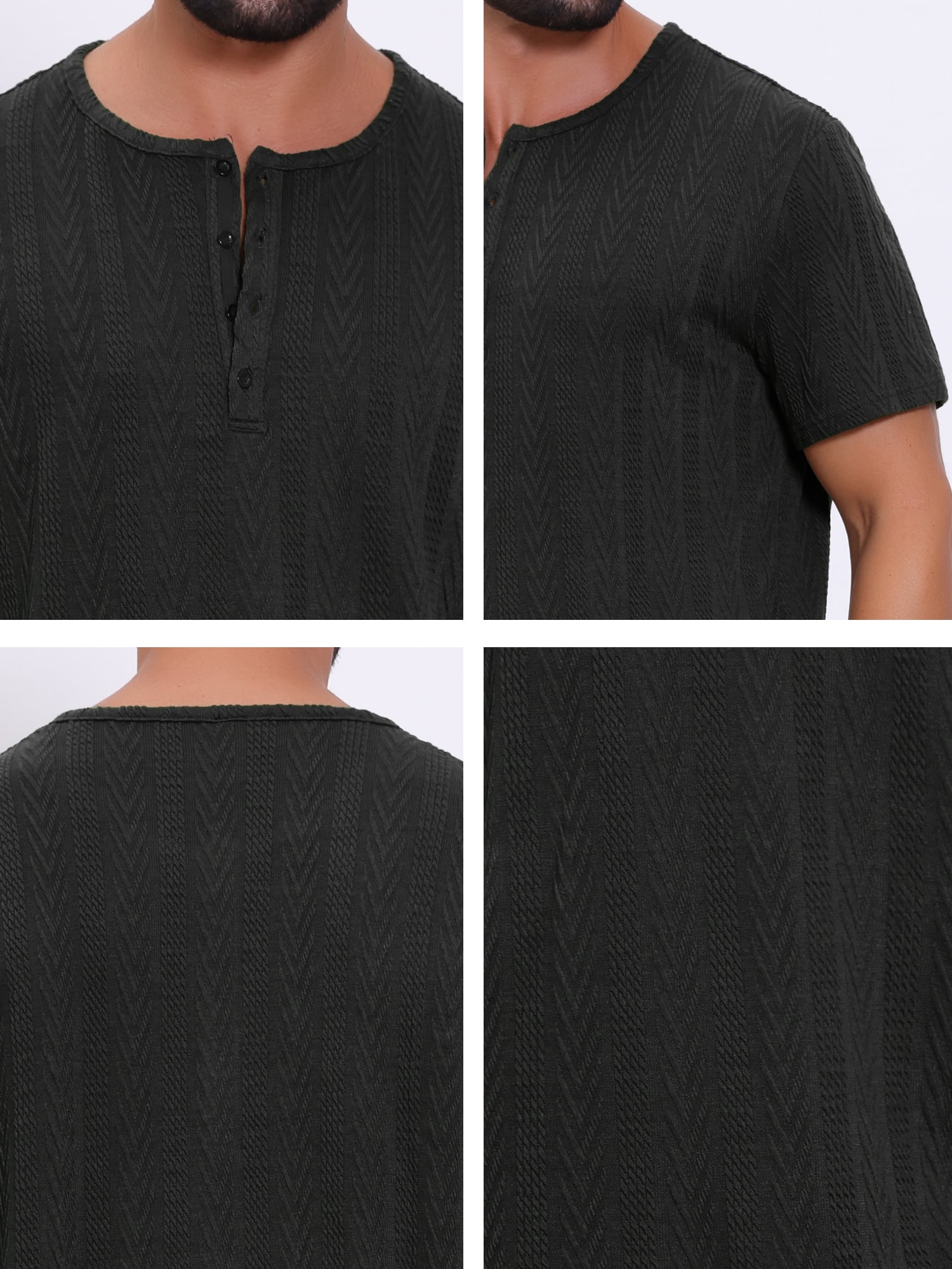 DARING DIVA Men's Henley Short Sleeve Button Down Jacquard Knitted T-Shirt M Black