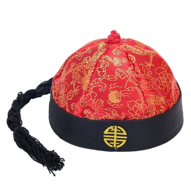 Sombrero oriental chino para adultos y adolescentes, sombrero tradicional del emperador Qing para fiestas temáticas. Rojo Negro 54cm