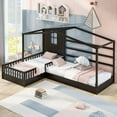 thumbnail image 2 of Newest Wood House Bed Twin Size, 2 Twin Solid Bed L structure with fence and slatted frame, Espresso, 2 of 10