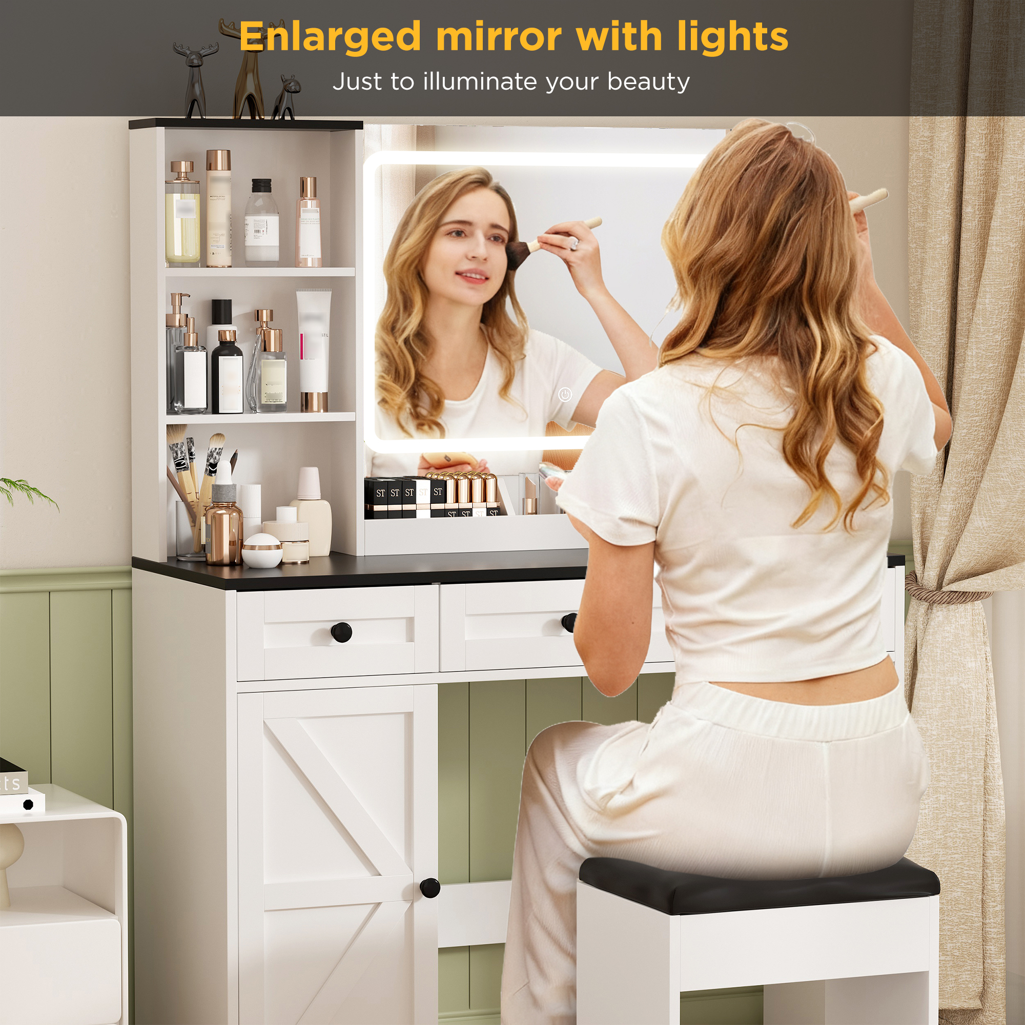 Vabches Vanity Set with Mirror and Lights, Modern Makeup Table with Storage Shelves & Drawers for Bedroom, White