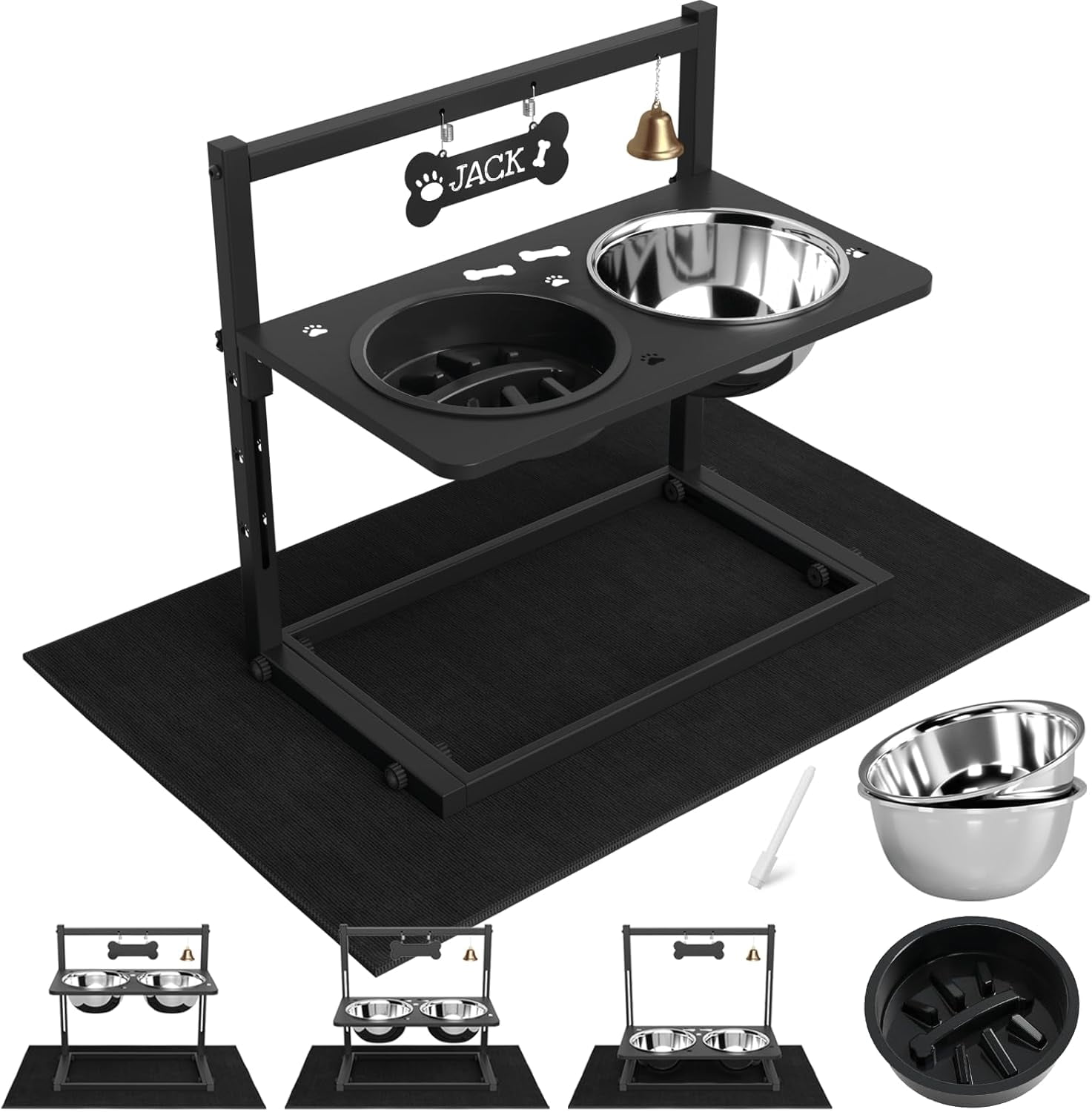 Elevated Dog Bowls with Slow Feeder for Large and Medium Dogs, Adjustable Height Raised Dog Bowl Stand with 2 Stainless Steel Bowls and Spill-Proof Mat, Dog Feeder for Healthy Eating (Grey)
