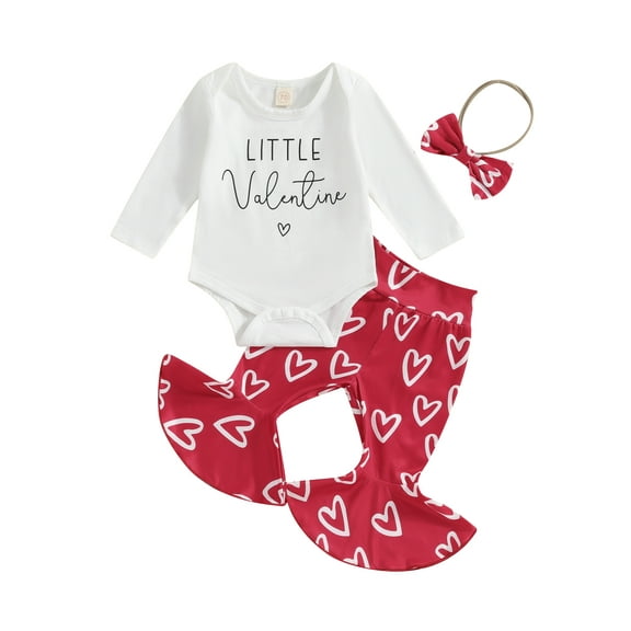 Baby Girl Valentines Day Outfits Long Sleeve Romper and Heart Print Flared Pants Headband Clothes Set