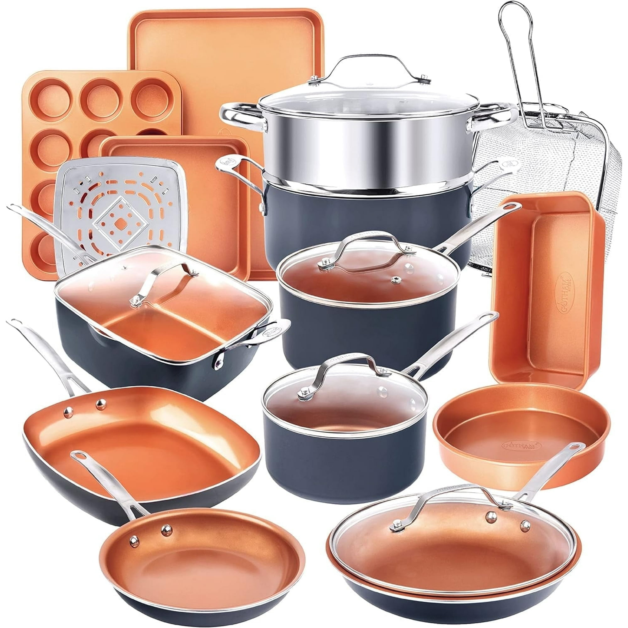 Gotham Steel True Value 20 Pc Pots and Pans Set Non Stick, Ceramic Cookware Set with Square Deep Frying Pan and Bakeware, Oven & Dishwasher Safe, Gray/Copper