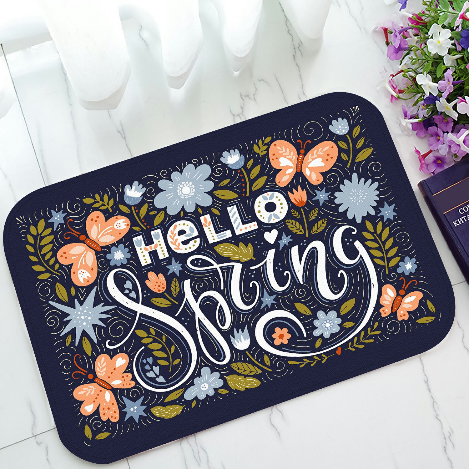 ABPHQTO Hello Spring Flowers Butterflies Doormat Entrance Rug Area Rug Floor Mat Home Decor 23