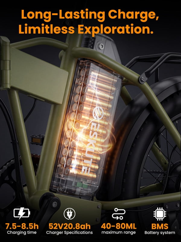 ESKUTE D300 Electric Bike for Adults, Folding Ebike with 1200W Peak Motor 28MPH, 48V 20.8Ah Removable Battery, 20"x4.0" Fat Tires, 80 Miles 7-Speed Gear, NFC Unlock,Green with Phonebag & Lock, UL2849