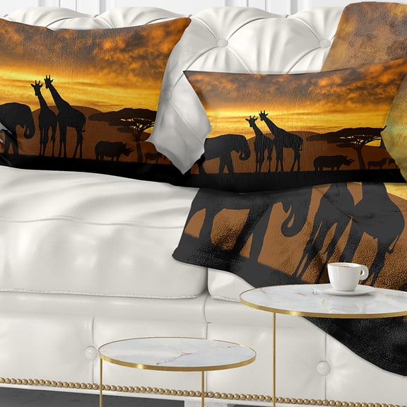 Designart Giraffes and Elephant and Rhino - African Throw Pillow - 12x20
