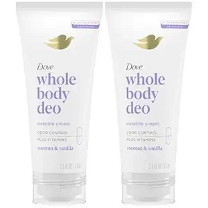 Dove Whole Body Deo Aluminum Free Invisible Cream Deodorant Coconut & Vanilla for 72h Odor Control, 2.5 oz (Pack of 2)