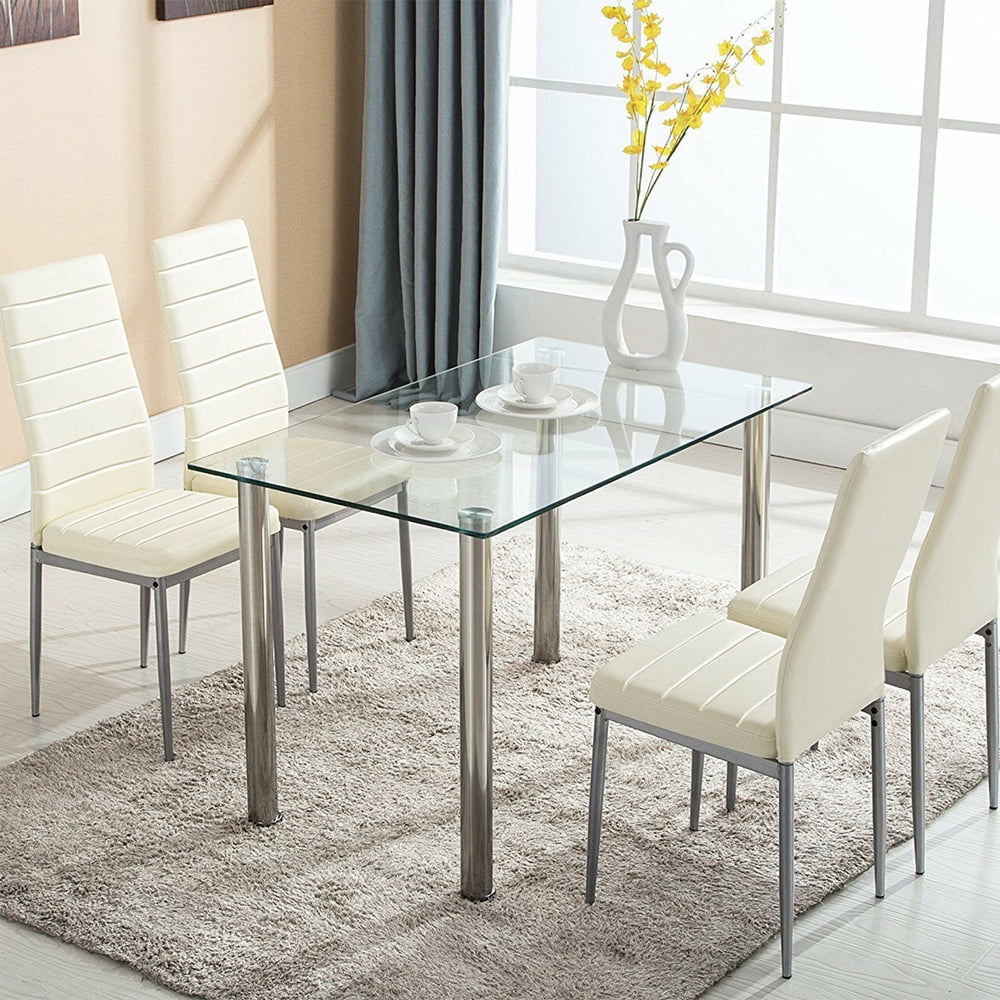 Details about   5 Piece Dining Set Glass Top Table and 4 Leather Chair for Kitchen Dining Room 