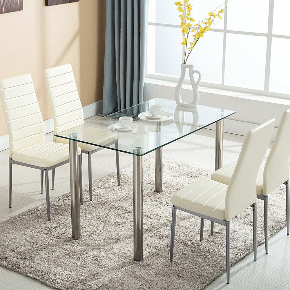 Ktaxon 5 Piece Dining Table Set Dining Table & 4 Leather Chairs,Glass