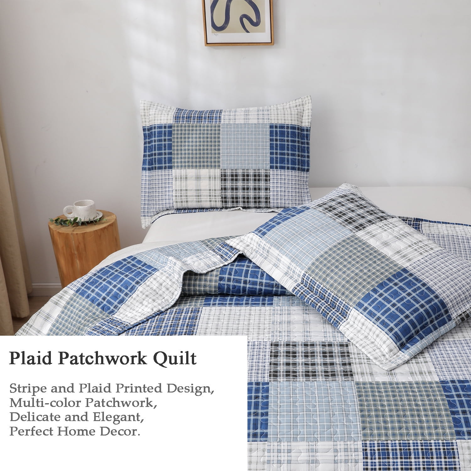 3 Piece Quilt Set King Size Bedspread Coverlet Mens Plaid Patchwork Bedding Reversible Quilt Queen Microfibers Bedspread Coverlet Lightweight Bedding for All Season Black Blue
