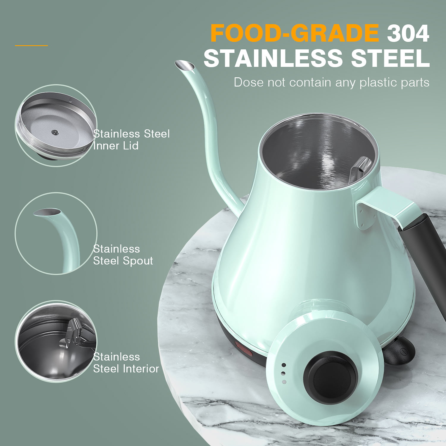 Electric Kettle, Pour Over Coffee Kettle & Tea Kettle 100% Food Grade Stainless Steel Interior Water Boiler, Coffee Pot, Auto Shut-Off and Boil-Dry