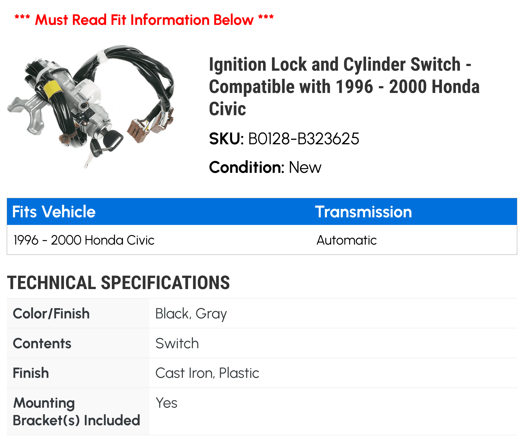 Ignition Lock and Cylinder Switch - Compatible with 1996 - 2000 Honda Civic 1997 1998 1999