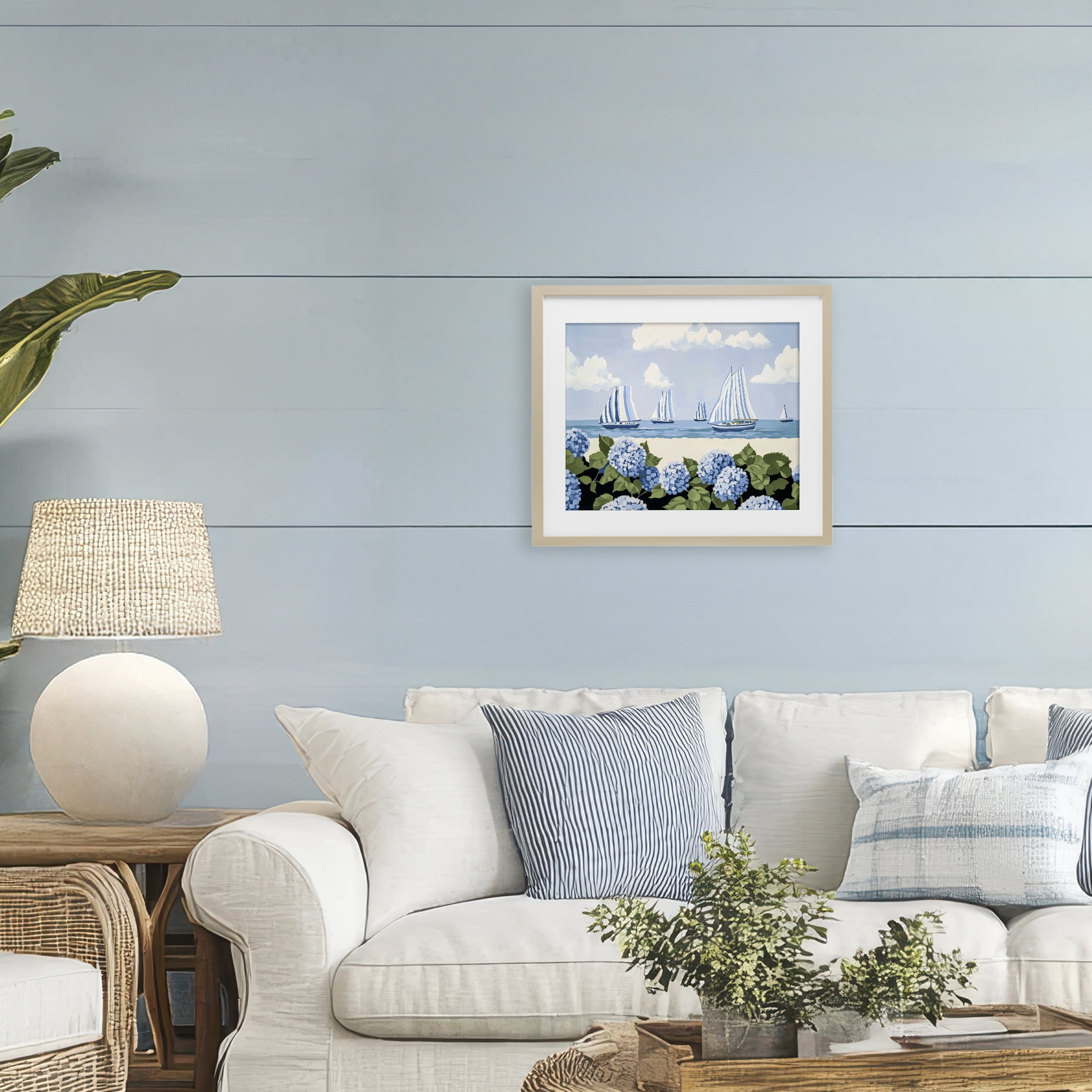 Stupell Industries Striped Sails & Seaside Hydrangeas Birch Framed Print Under Glass, design by Sisi and Seb
