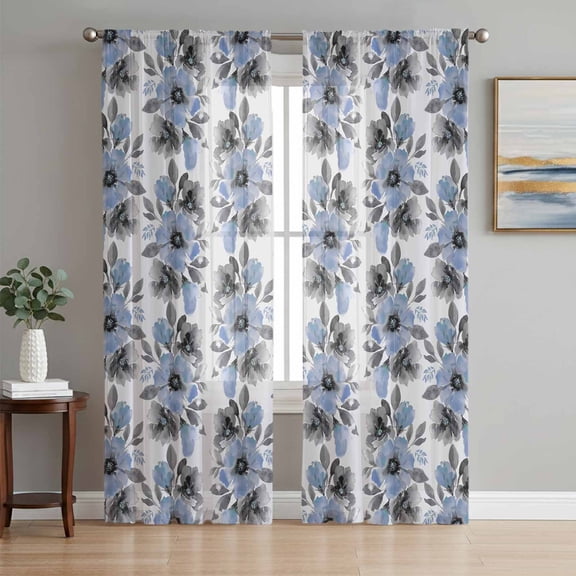 Blue Floral Sheer Curtains 72 Inch Length 2 Panels Set Window Treatments, Abstract Watercolor Flower Leaf Plant Rod Pocket Semi Curtains for Living Room/Bedroom/Kitchen Décor, 104"W x 72"L