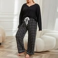 thumbnail image 3 of ebukurty Plus Size Pajama Sets for Women 2 Piece Long Sleeved V-neck Black Plaid Lounge Sets, Sizes 1XL-4XL, 3 of 12
