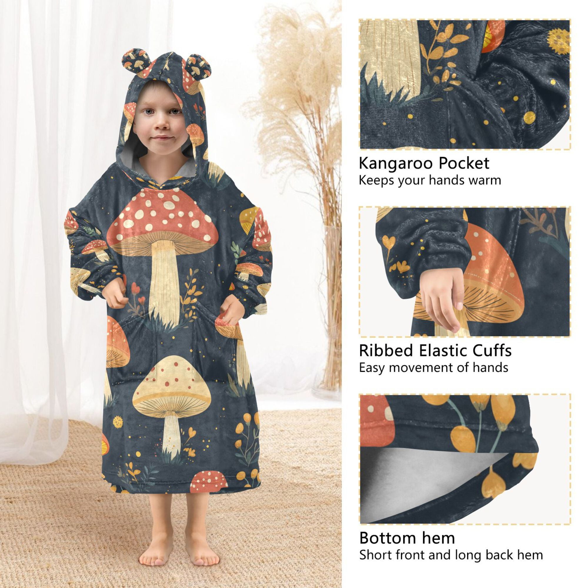 FORMRS Wearable Blanket Hoodie with Sleeves for Kids Cozy Flannel Sweatshirt, Black Mushroom Pattern
