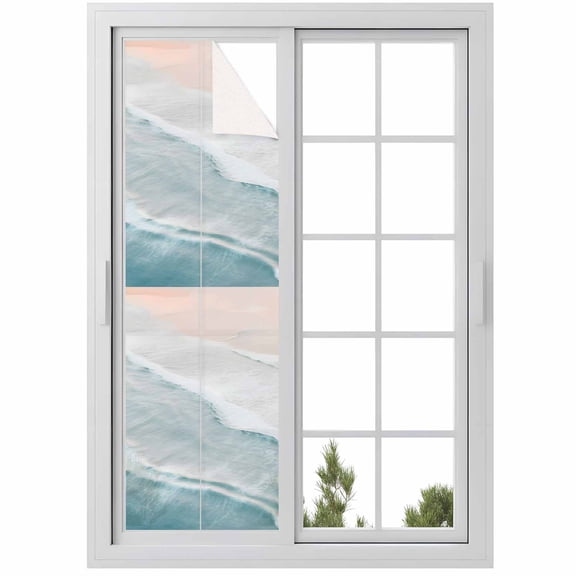 Beach Blue Window Privacy Film Beige Gradient Ocean Wave Seaside Scenery Decorative Glass Window Film UV Blocking Static Cling Non-Adhesive Sticker Covering for Home Door 17.7 x 78.7 inches