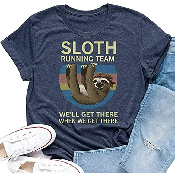 YourTops Women Sloth Running Team Graphic T-Shirt Sloth Shirt (US L, 1-Blue)