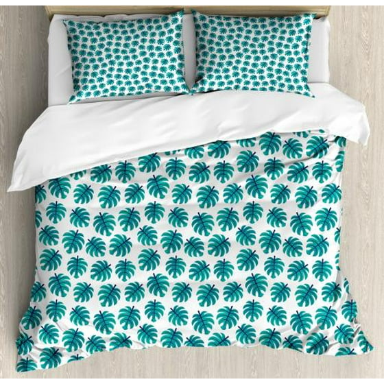 Navy And Teal King Size Duvet Cover Set Tropical Monstera Leaf Pattern Exotic Hawaiian Foliage In Blue Tones Decorative 3 Piece Bedding With 2