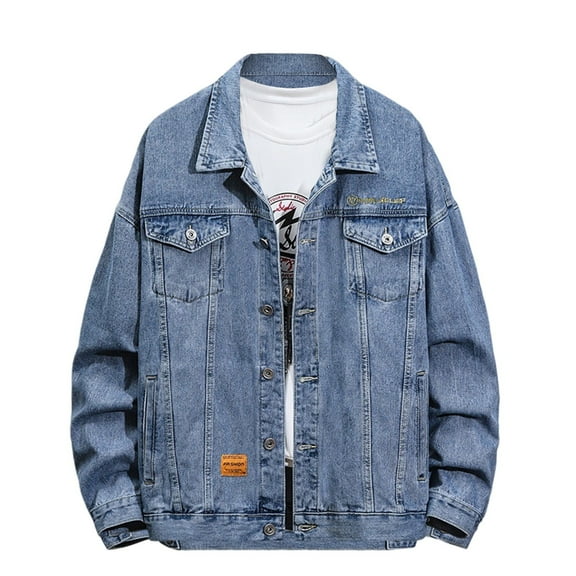 QHFBli Mens Jean Jacket Mens Classic Denim Jacket Autumn Spring Fashion Casual Solid Color Button Front Lapel Coat Top Blouse Outerwear Blue XL