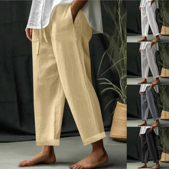 Women's Straight Leg Pants Trousers Slacks Linen Blend Solid Color Casual Daily Work Office Lounge Wear Spring Summer Travel Essentials for Women | Aestivo,Black L