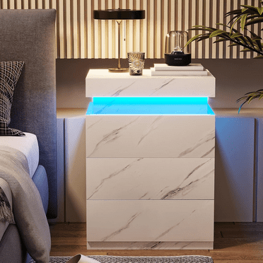 Nightstand with Charging Station and LED Lights,Night Stand with Sliding Top for Bedroom,Bedside Table with Drawers,Modern End Side Table,White Marble