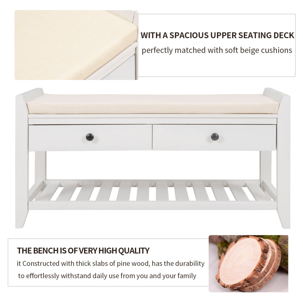 Upholstered Shoe Rack Bench with Cushioned Seat, Storage Drawers and Bottom Shelf, Wooden Entryway Shoe Bench with Legs, Narrow Rectangular Storage Bench for Entryway Laundry Room Bedroom, White