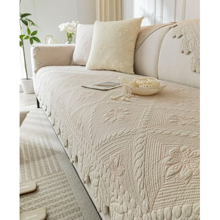 Farmhouse 100% Cotton Quilted Couch Cover Floral Embroidered Sofa Cover Non-Slip Soft Sofa Slipcover Washable Furniture Protector (Khaki,28"x28")