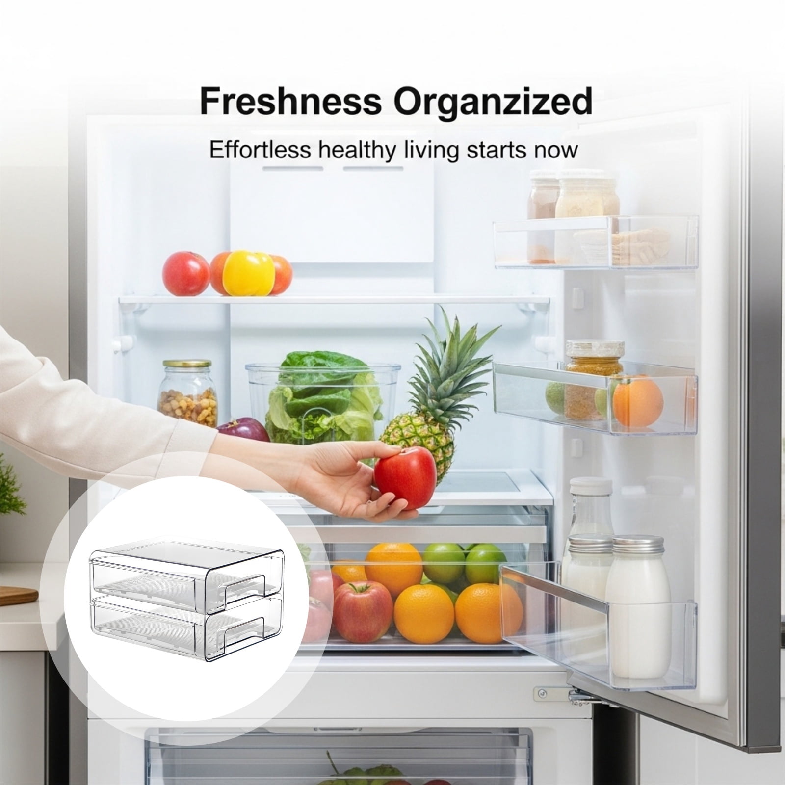 Double Layer Refrigerator Organizer,Stackable Clear Bin with Drain Tray & Dividers,9.7x8.4x5.6 Inch, for Fruits, Vegetables,Eggs,Refrigerator Storage