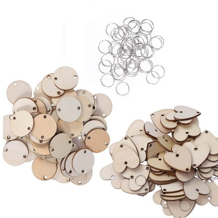 

120 Pieces Round Wooden Discs with Holes Birthday Board Tags and Rings for Arts and Crafts(60 Round Bowl 60 Love 120 Key Rings)