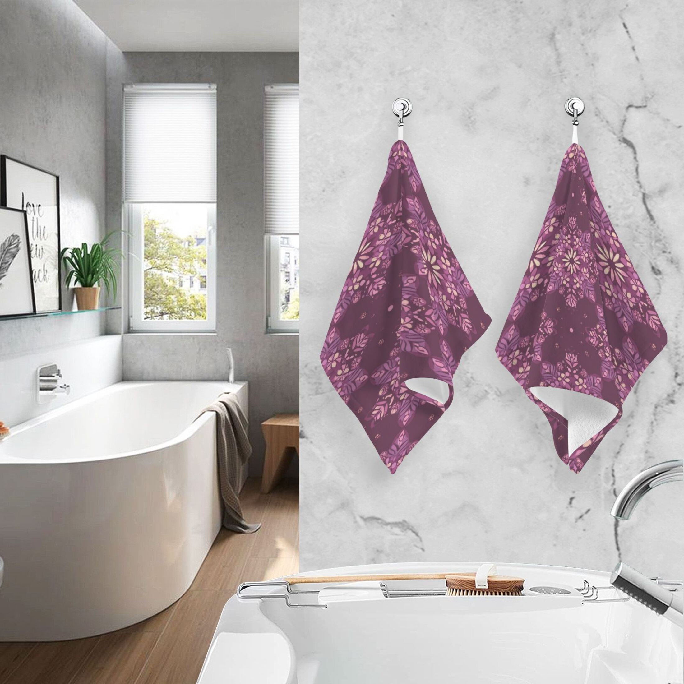 2 Pieces of Cotton Towel Face Towel Set Hand Towel Bath Towel Cotton Bath Towel Sets Plum Purple Geometric Blooms