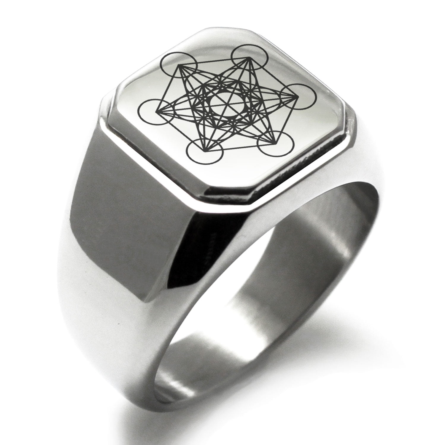 Stainless Steel Metatron’s Cube Symbol Square Flat Top Biker Style Polished Ring 