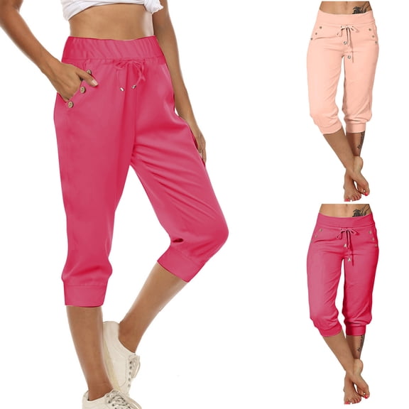 Maqroz Capri Workout Pants for Women High Waisted Drawstring Button Closure Stretchy with Pockets Cropped Pants for Fitness Exercise