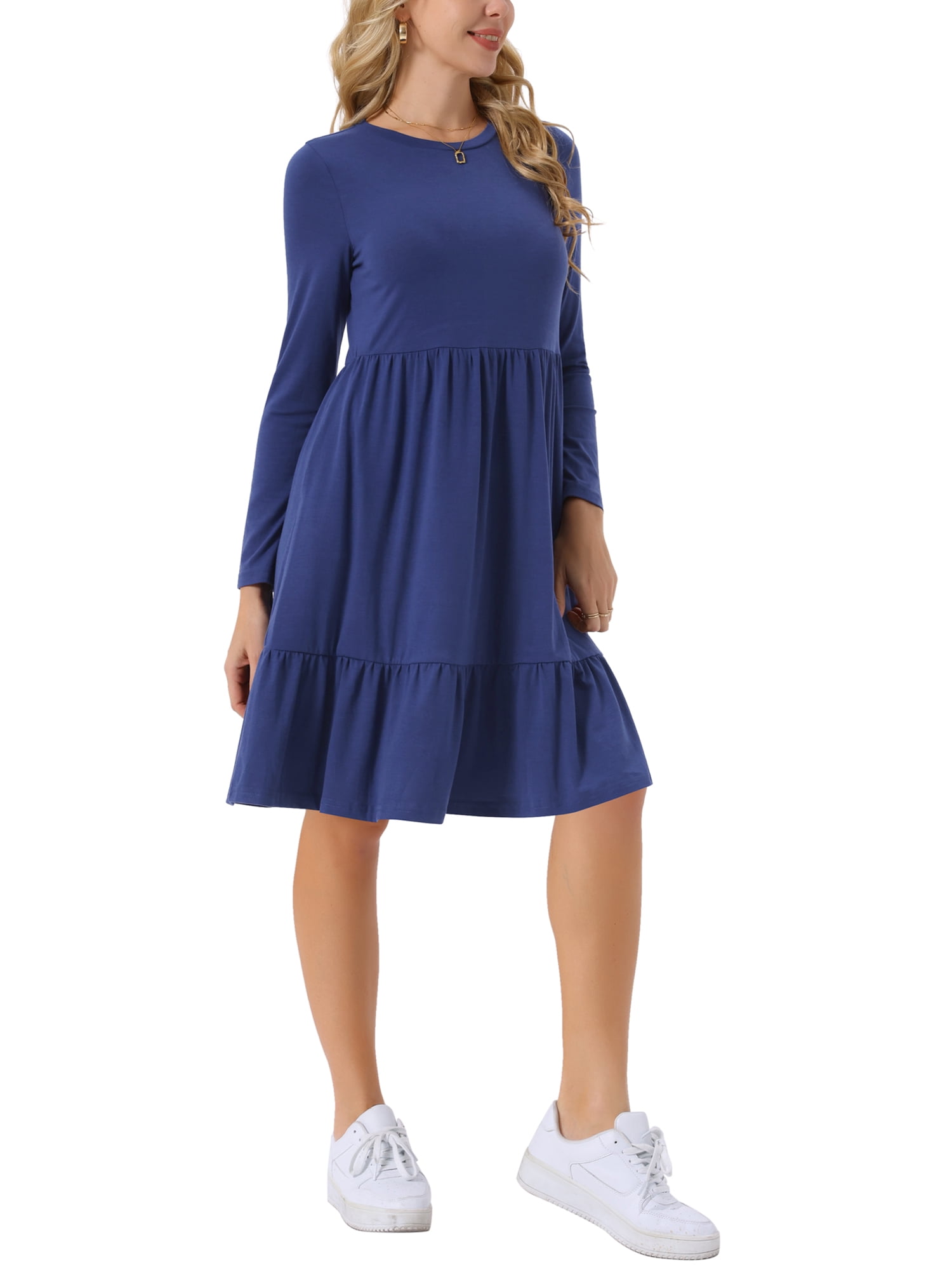 DARING DIVA Casual Long Sleeve Tiered A-Line Swing Dress L Dark Blue