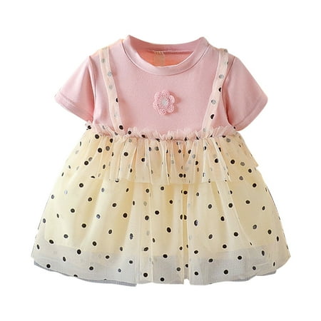 

HIBRO Summer Polka Dot Flower Mesh Splicing Baby Girl Short Sleeved Princess Dress Girls Long Sleeve Swing Dress Baby Girl Party Dresses 12-18 Months