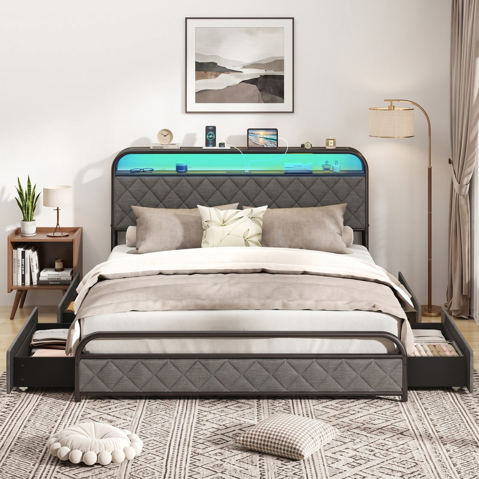 Furnibear Queen Size Metal Platform Bed Frame with LED Lights and 4 Storage Drawers with USB Charging Station for Bedroom, Gray