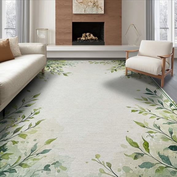 ODIKA 8'x10' Washable Area Rug Cream Farmhouse Watercolor Forest Hardwood Long Symmetrical Vine Border with Leaf Clusters for Dining Room, Large Office, Lounge, Non-Slip Chair-Friendly Mat